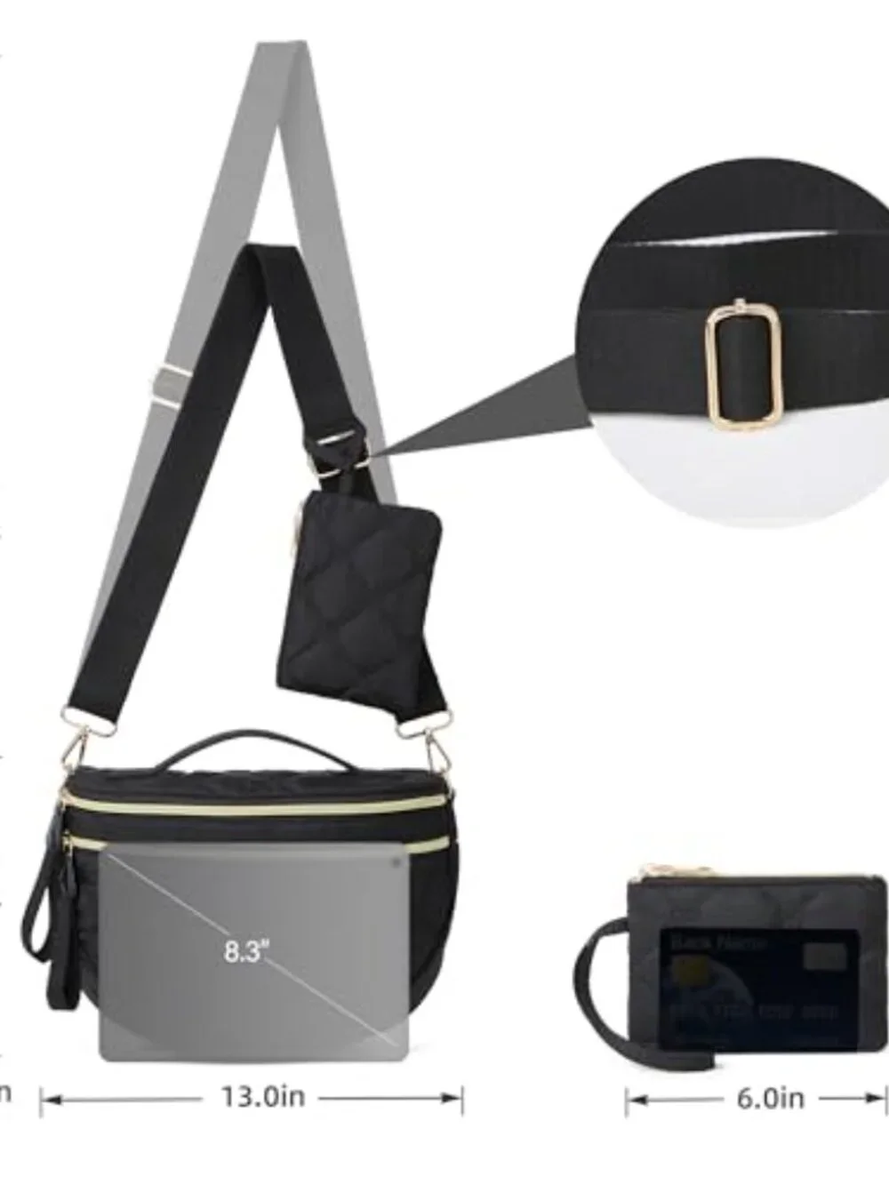 Quilted Crossbody Bag with RFID Blocking Detachable Pouch Waterproof Nylon